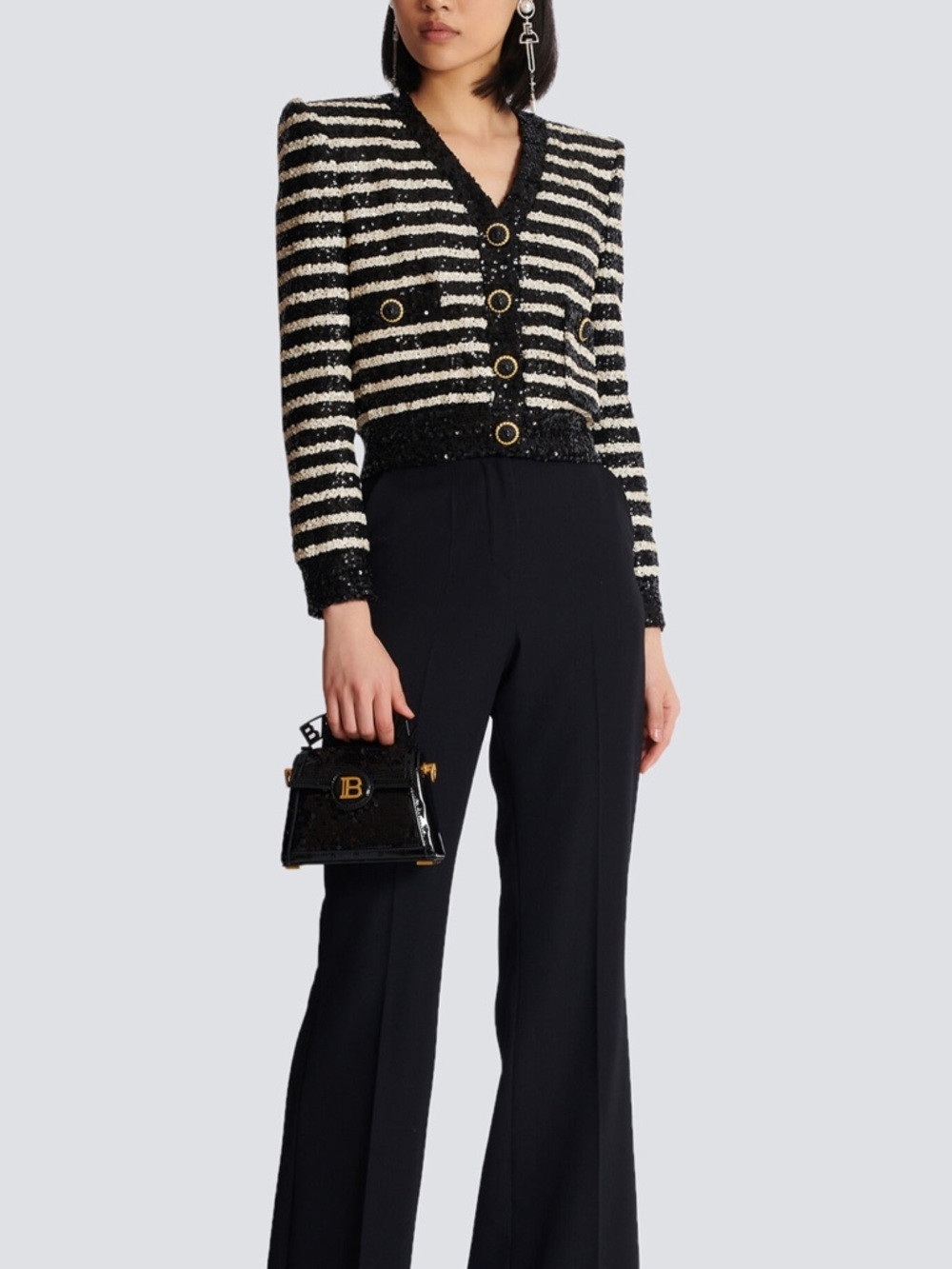 NWT New Balmain Balmain Striped Sequinned Cropped Jacket Size 38